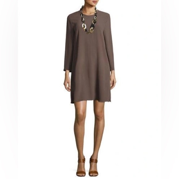 Eileen Fisher Bracelet-Sleeve 100% Silk Georgette Shift Dress - Picture 1 of 14